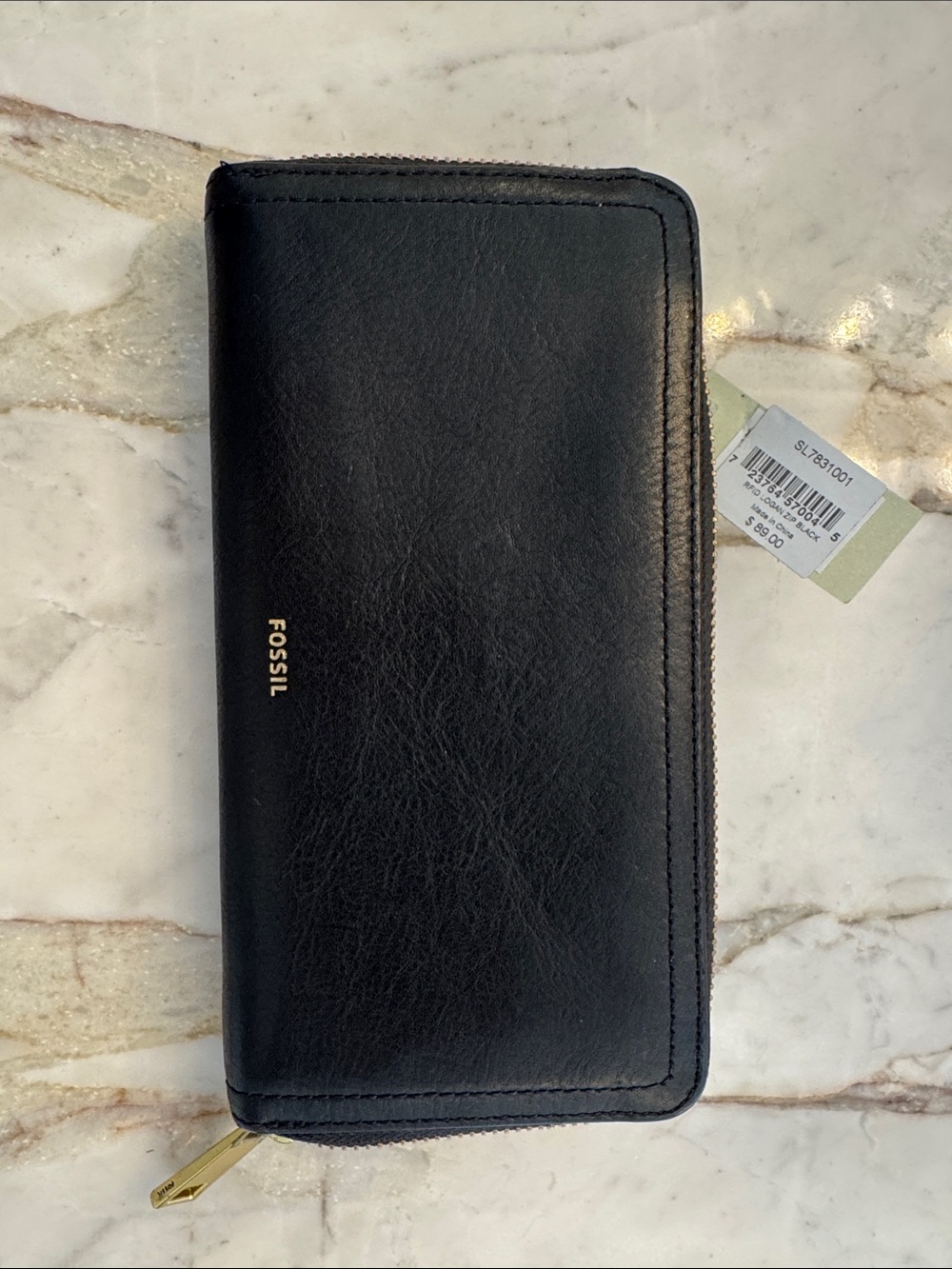 Fossil Black Leather Zip-Around Wallet with Gold Hardware. New with tags.